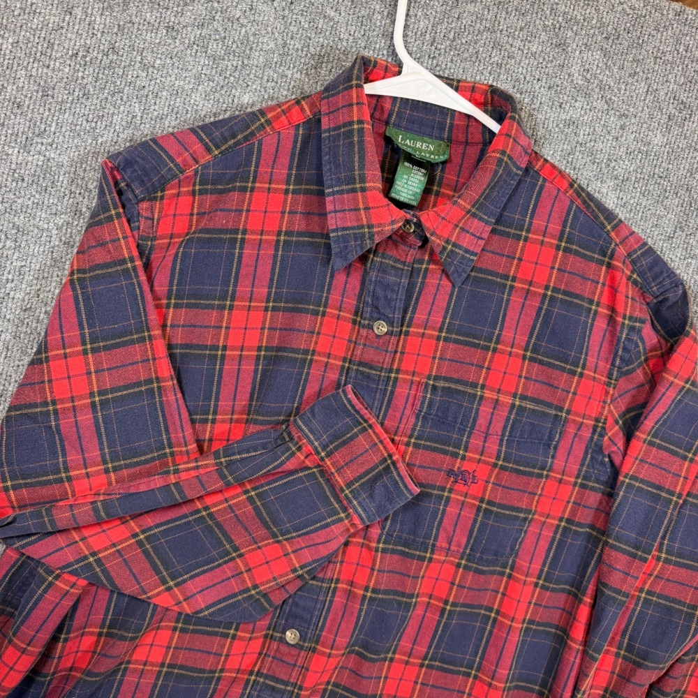 Lauren Ralph Lauren Mens Large Red Navy Blue Plaid Flannel Button Down Shirt LRL